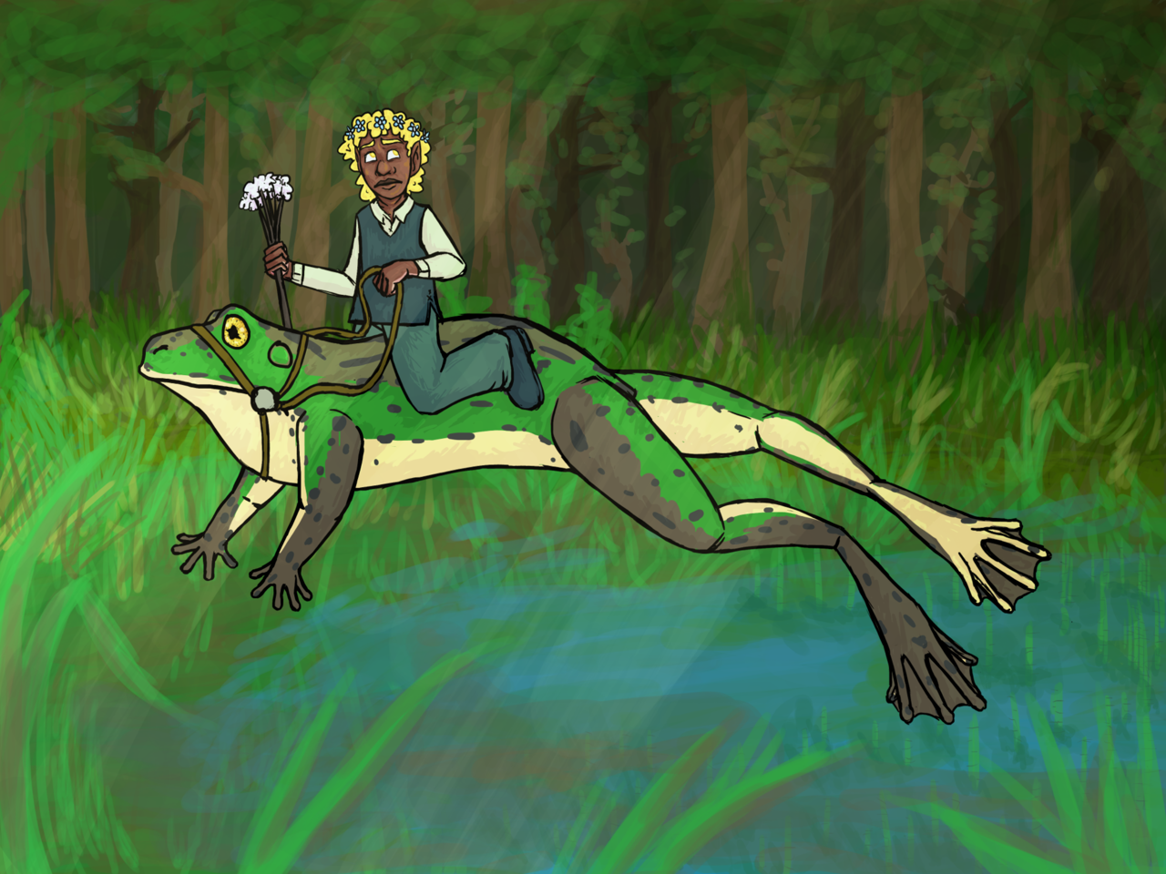 Digital illustration of a dark-skinned person with curly blonde hair and a flower crown riding a large frog. The frog is leaping through a marshland.